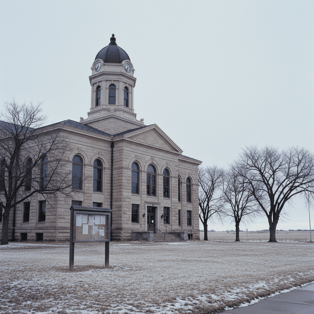 A South Dakota county courthouse in winter under a pale gray sky, a bare-trees landscape in the background, a public not