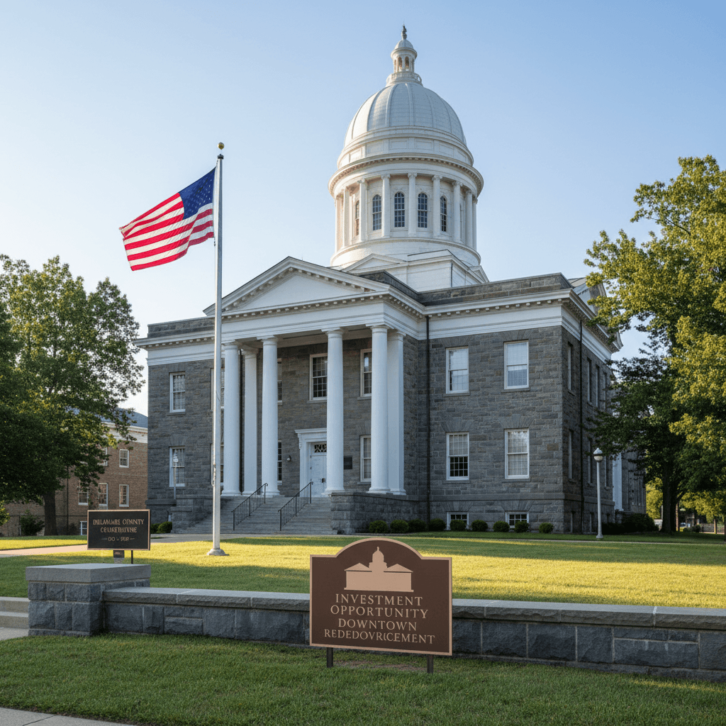 A wide-angle photograph of a Delaware county courthouse on a clear morning, stone facade with American flag, no people,