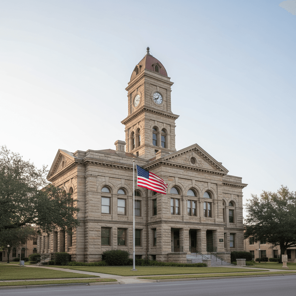 Wide-angle photograph of a Texas county courthouse exterior on a clear morning, stone facade with an American flag, no p
