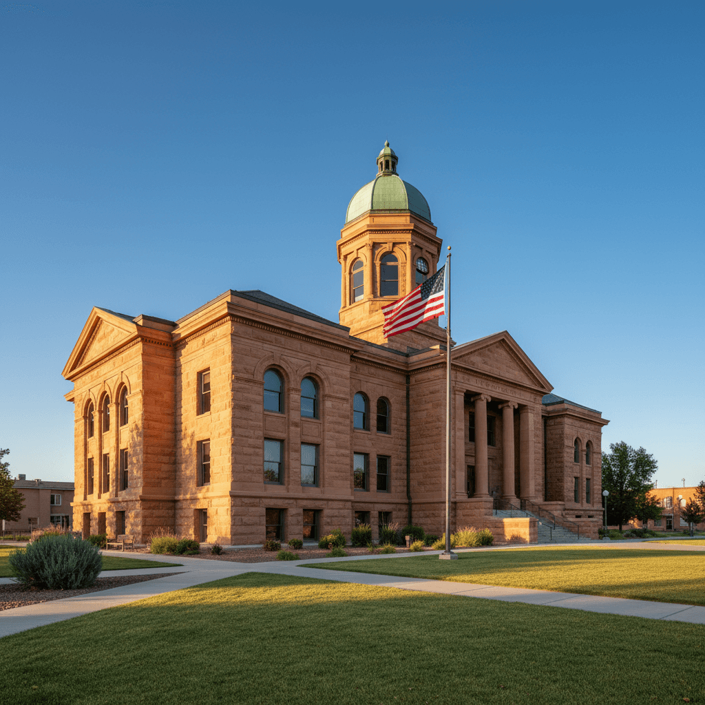 A wide-angle photograph of a Utah county courthouse exterior on a clear morning, warm sandstone architecture, American f