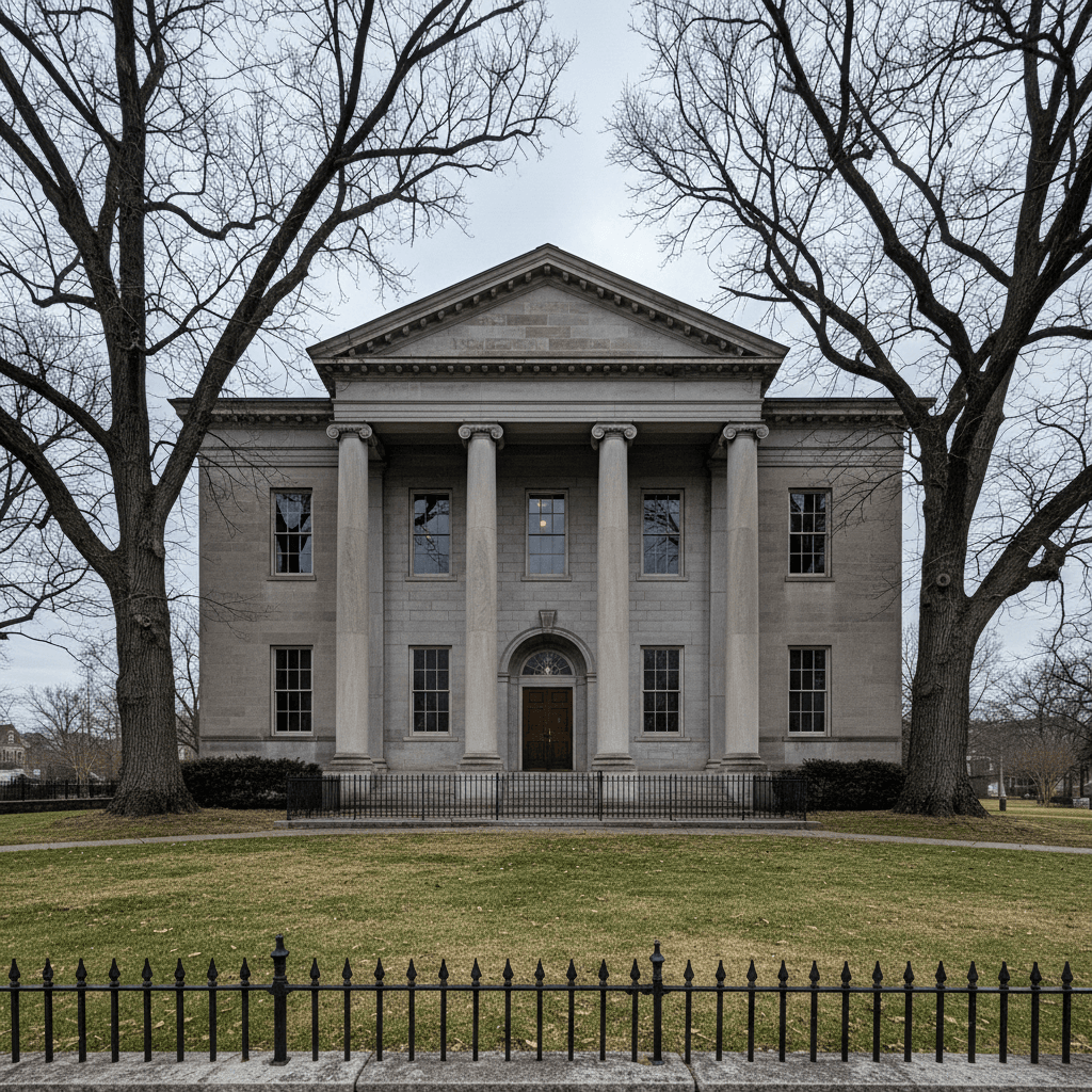 A Virginia circuit courthouse exterior on an overcast morning, wide-angle photograph, stone facade with classical column