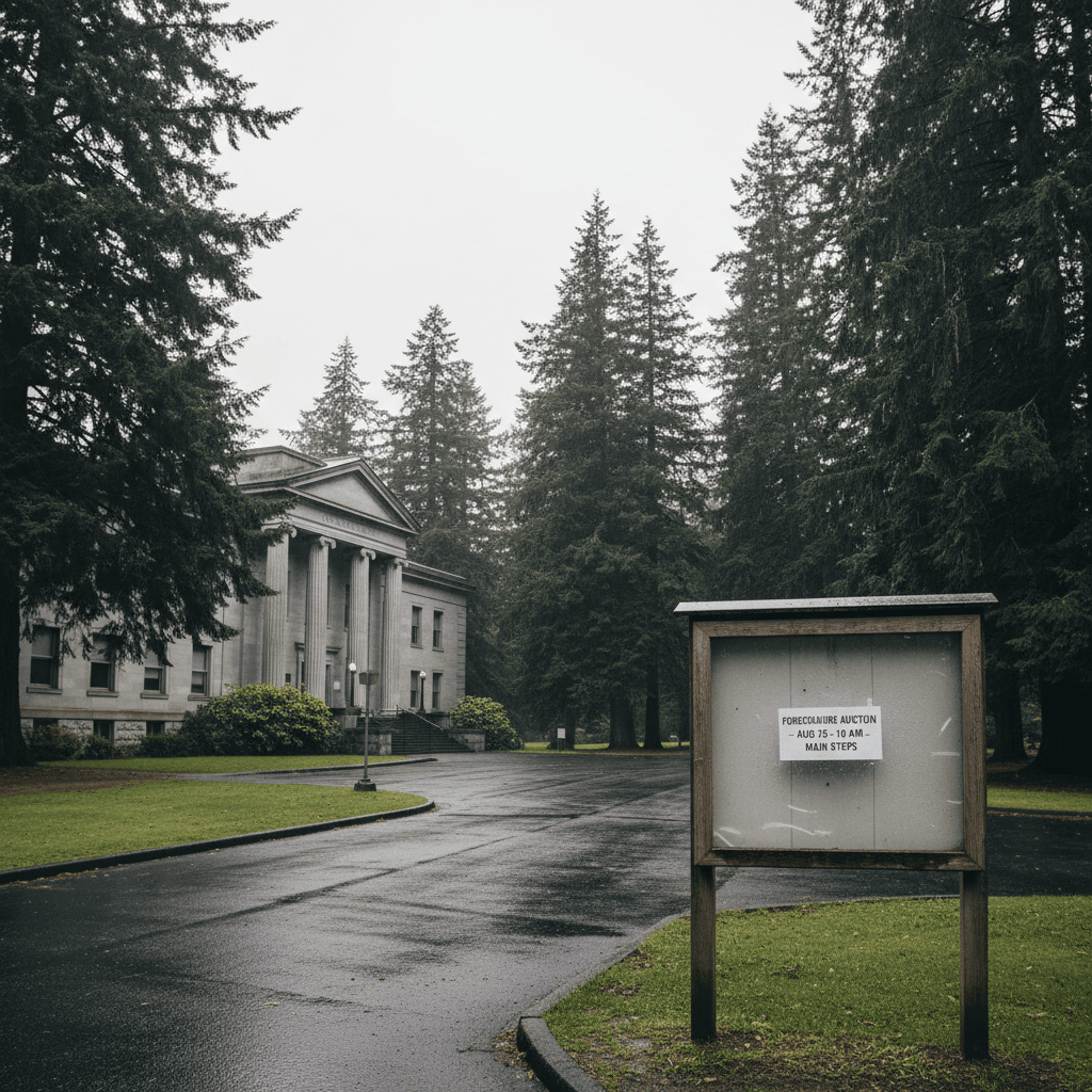 A wide-angle photograph of a Pacific Northwest county courthouse surrounded by evergreen trees under an overcast sky, wi
