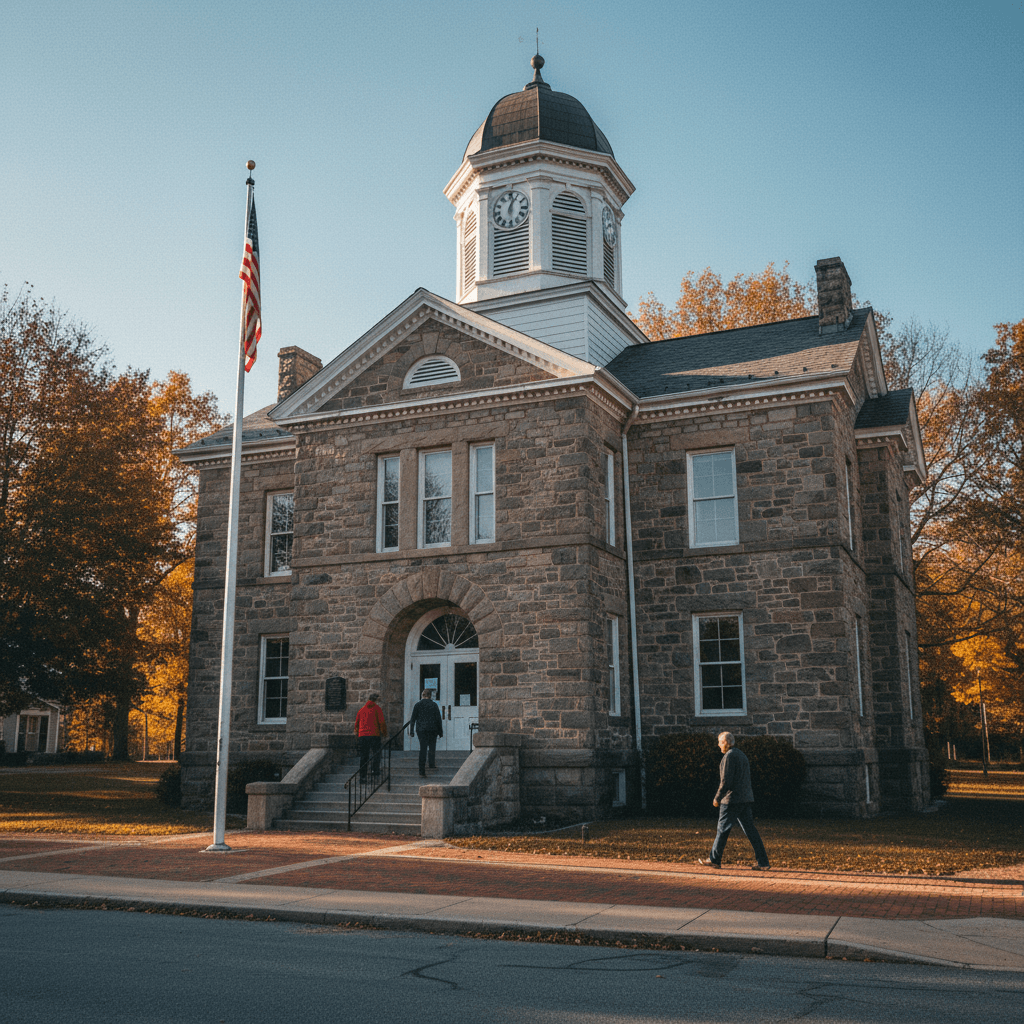 A county courthouse in a small West Virginia town on a clear autumn morning, stone facade, American flag on the flagpole
