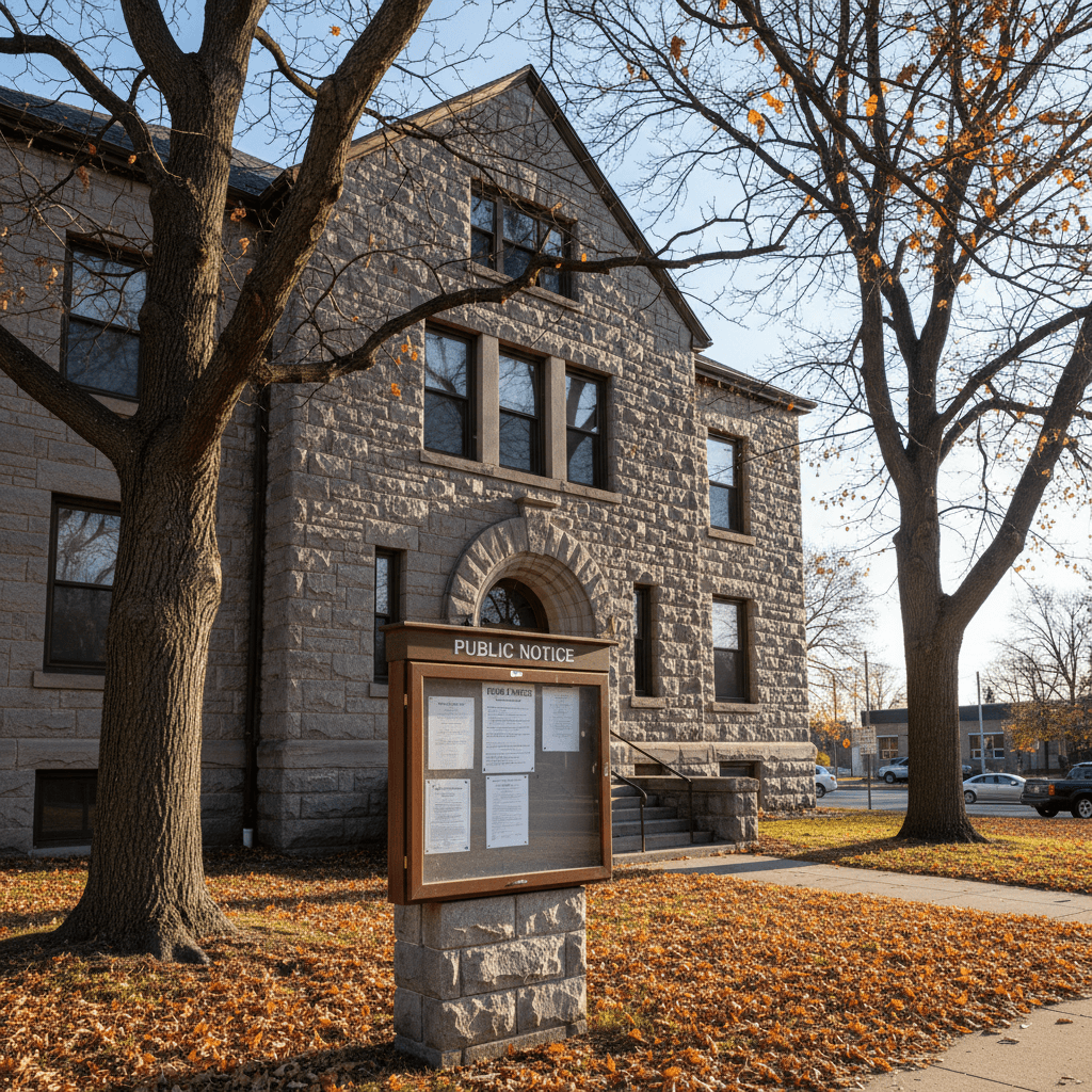 A county courthouse in a small Wisconsin city on a clear autumn morning, bare oak trees framing the stone facade, a publ