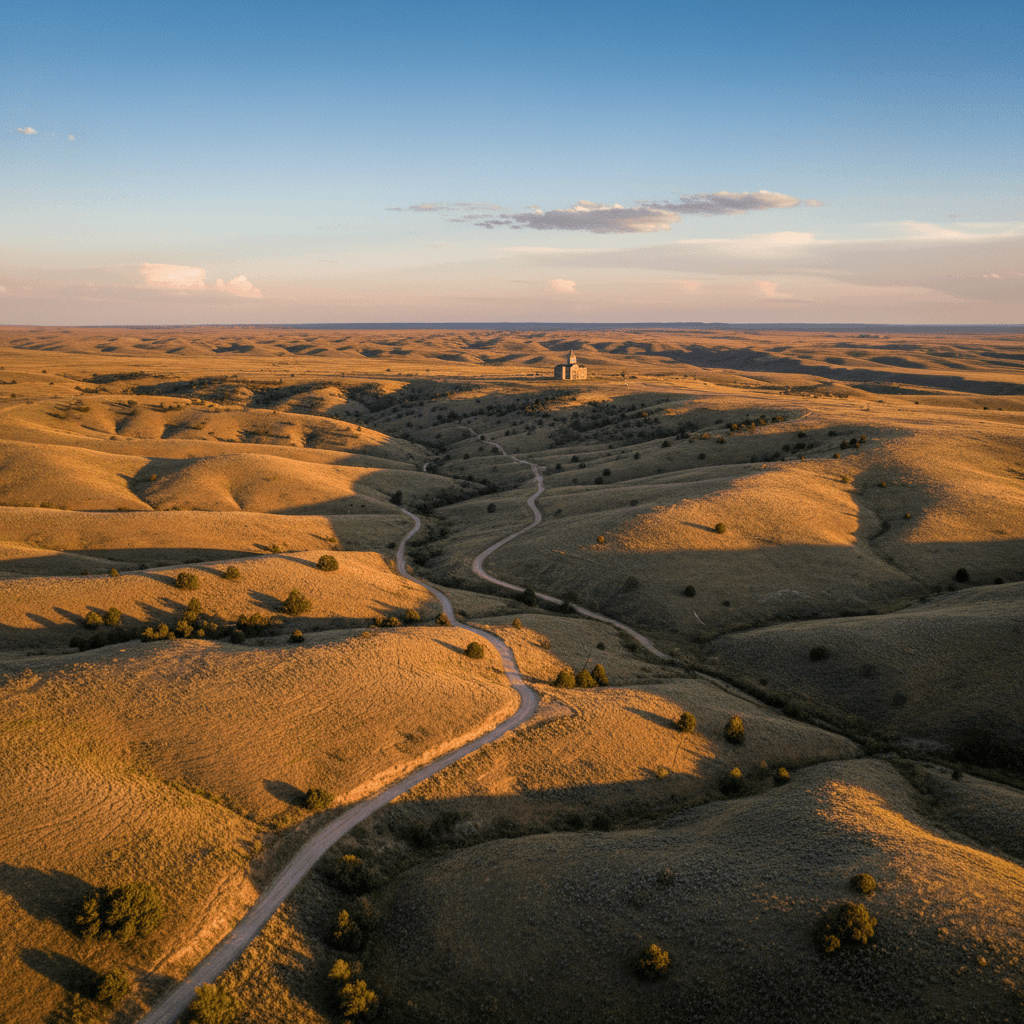 Aerial photograph of a wide Wyoming ranch landscape at golden hour, with rolling high-desert terrain, a solitary county