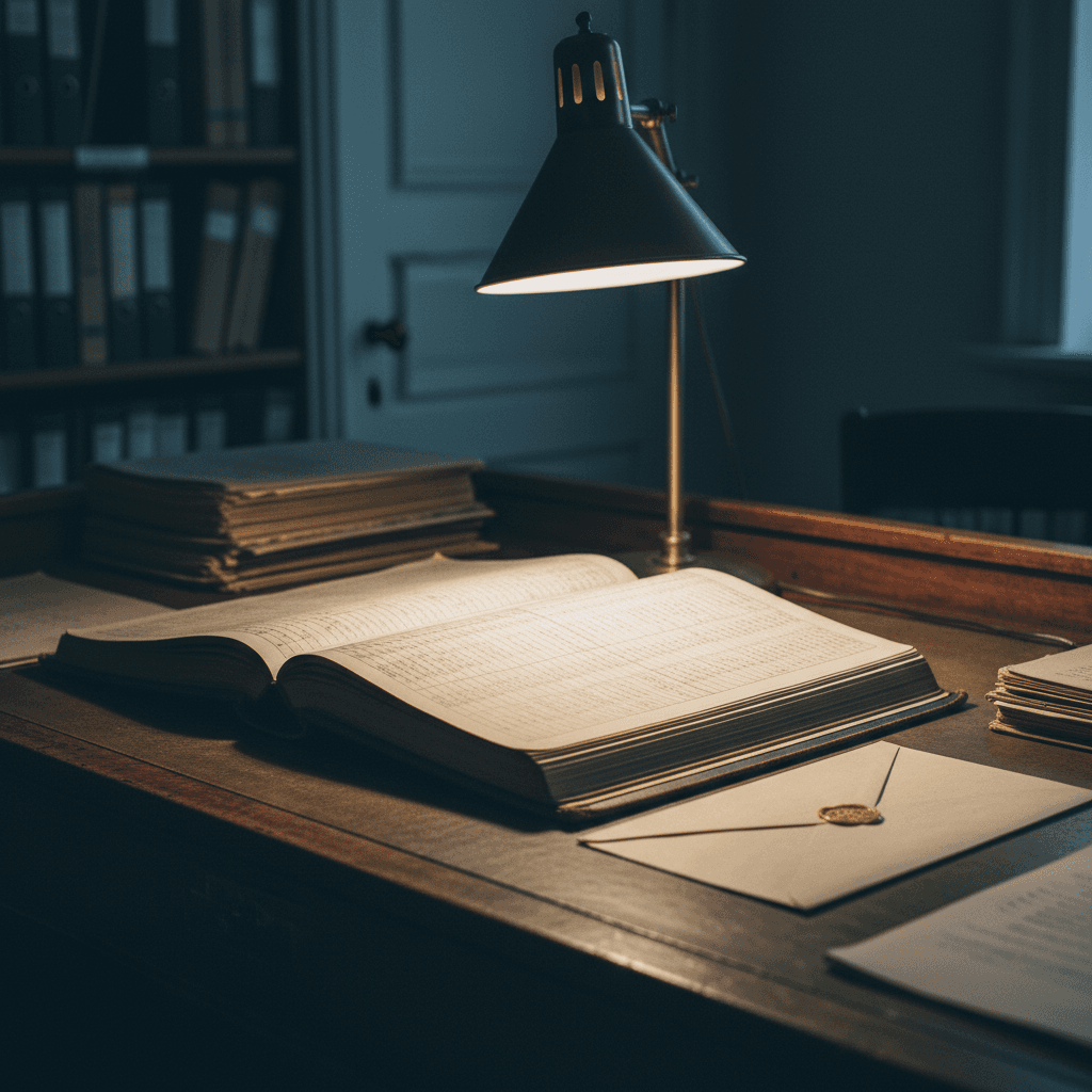 an unclaimed funds ledger open on a clerk's desk beside a sealed envelope, overhead light