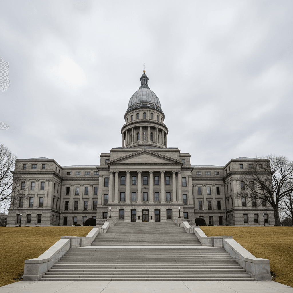 A wide-angle photograph of the Illinois State Capitol building in Springfield on an overcast day, with a stone exterior