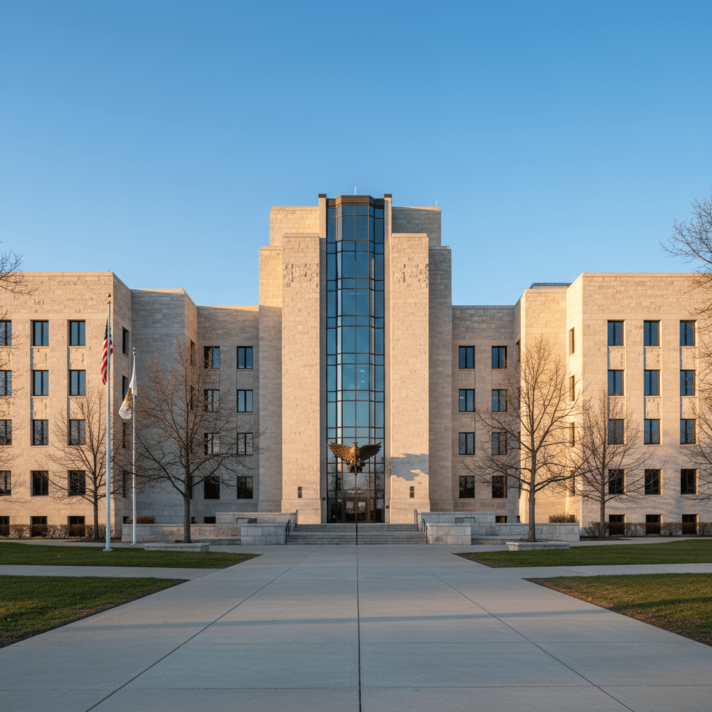 A wide-angle photograph of a Illinois county courthouse exterior on a clear day, warm natural light, no people, architec