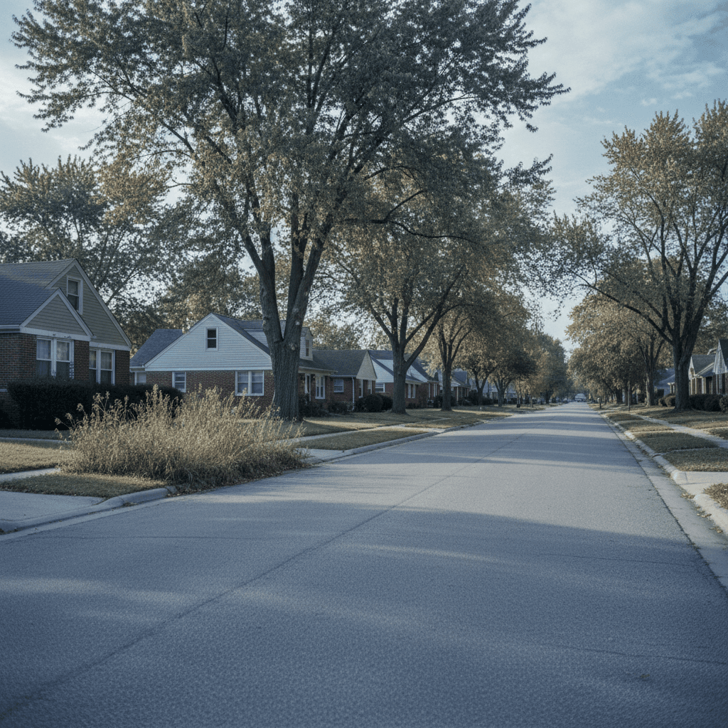 Indiana: a quiet residential street of modest single-family houses, long shadows, one house with an unmaintained lawn