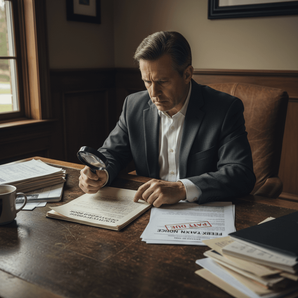 A serious real estate investor sitting at a desk reviewing county recorder documents and a federal tax lien notice, natu