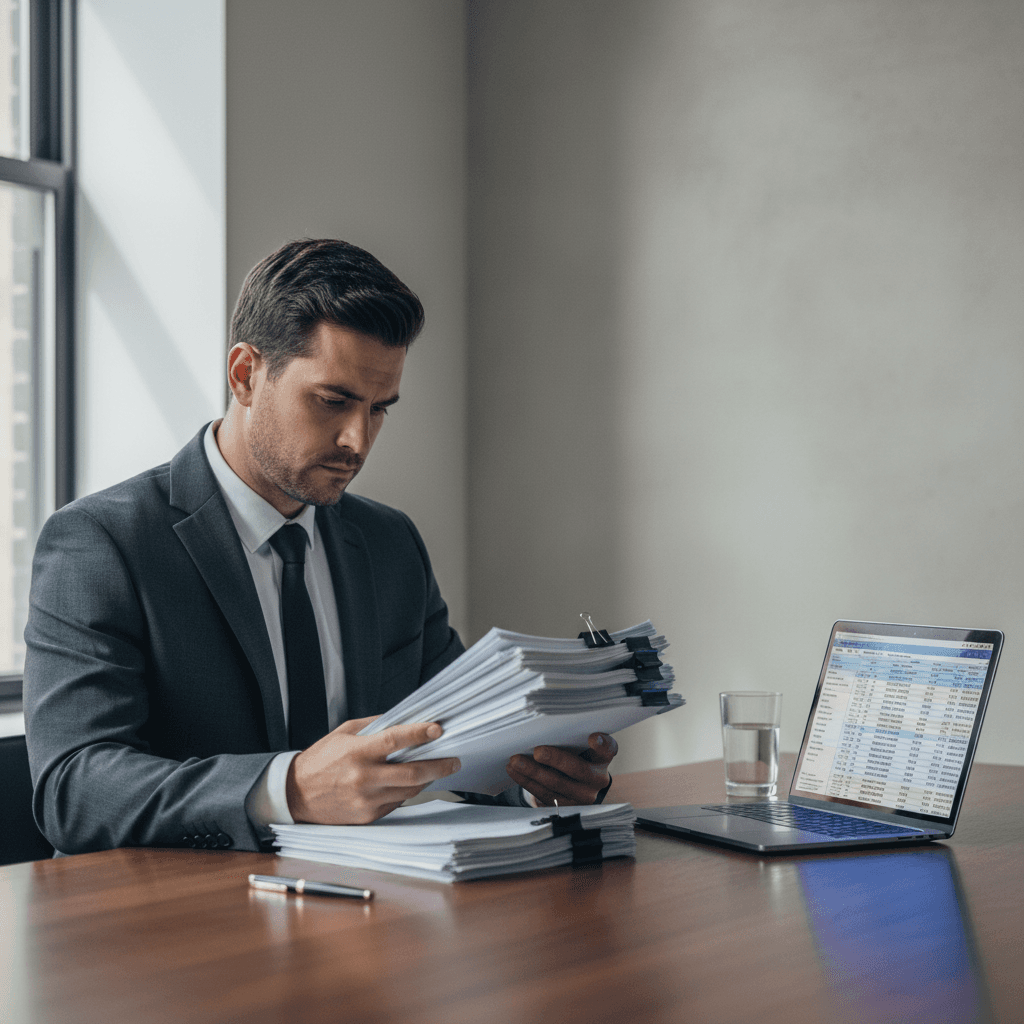 A serious male real estate investor in a suit reviews printed lien documents and a laptop screen showing property record