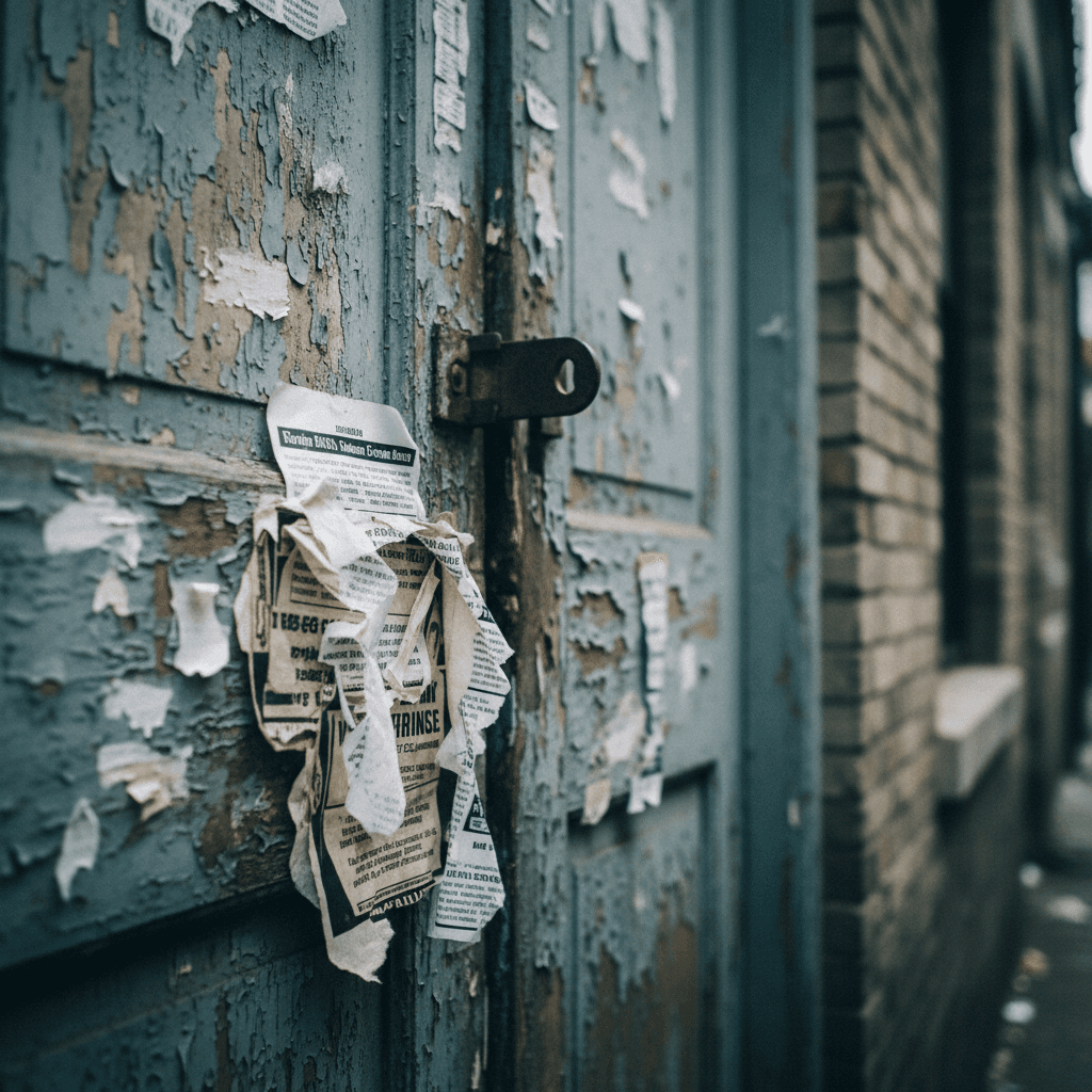a weathered front door with layered notices and a padlock hasp, paint peeling