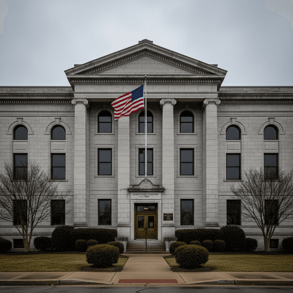 A wide-angle photograph of a Kentucky county courthouse exterior on an overcast day, stone facade and American flag visi