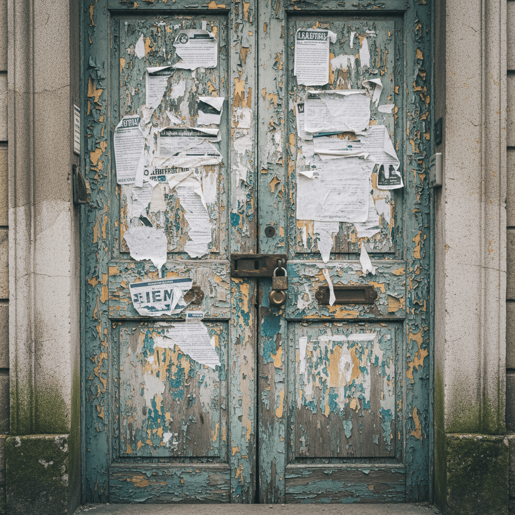 a weathered front door with layered notices and a padlock hasp, paint peeling