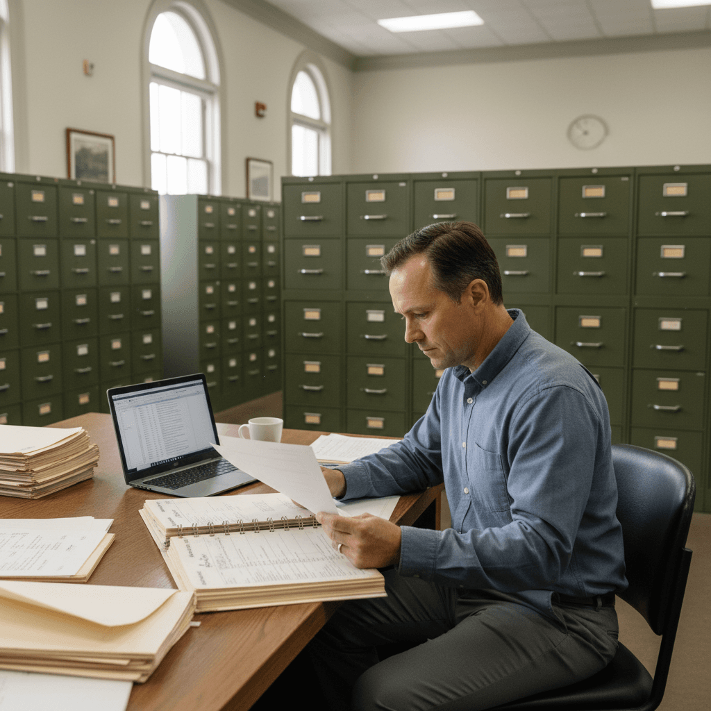 A county courthouse records room with rows of filing cabinets and a desk where a real estate investor reviews printed pr