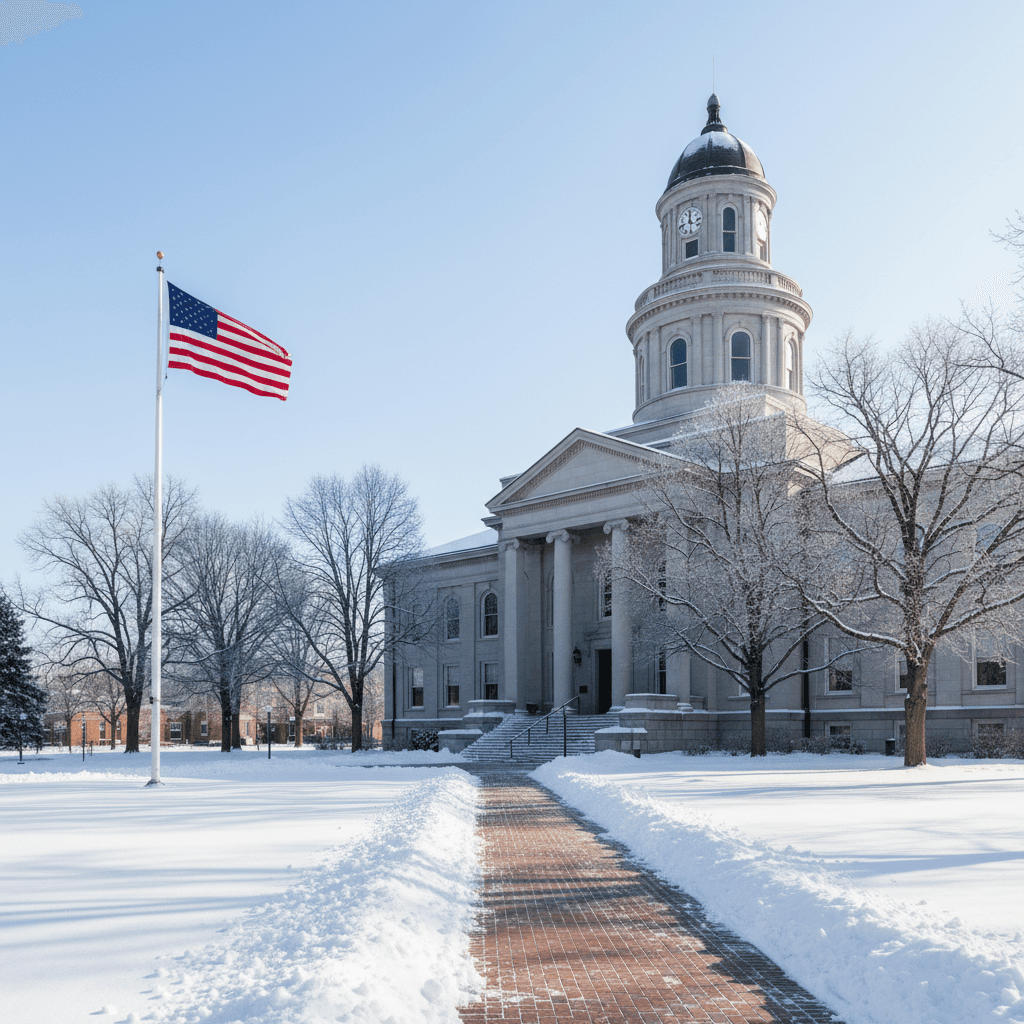 A Michigan county courthouse exterior on a clear winter morning, bare trees lining the walkway, an American flag visible