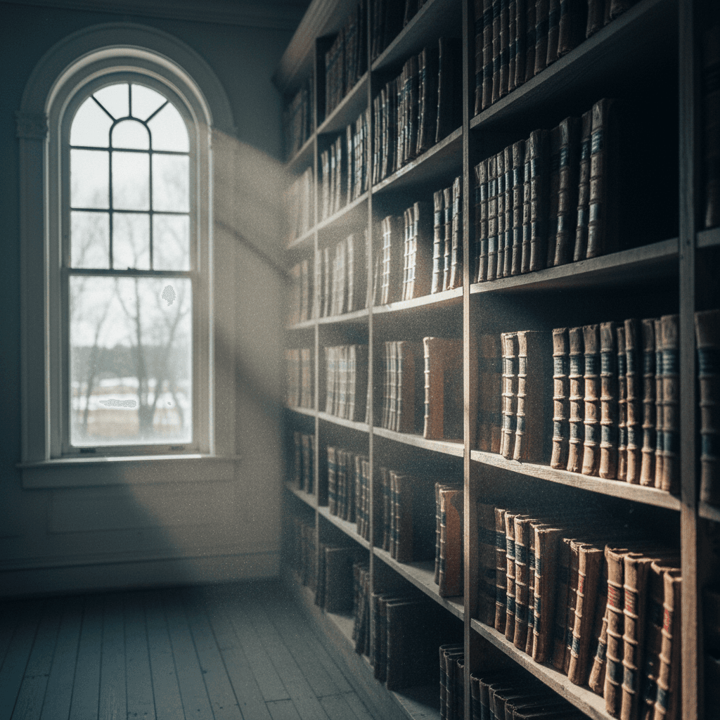 Michigan: a county records office interior, rows of oversized deed ledgers on wooden shelves, dust in a shaft of window light