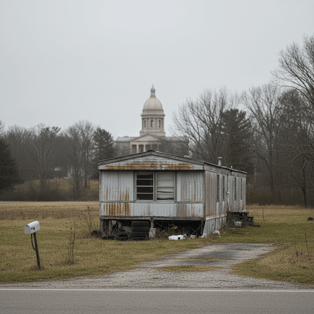 A weathered single-wide manufactured home on a rural lot with a county courthouse visible in the soft-focus background,
