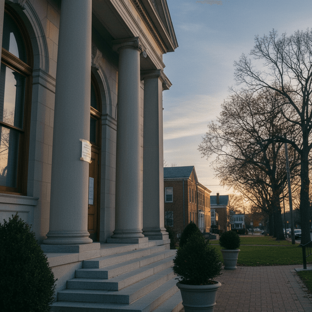 New Jersey: the limestone steps and columns of a county courthouse at late afternoon, a folded public notice taped near the door