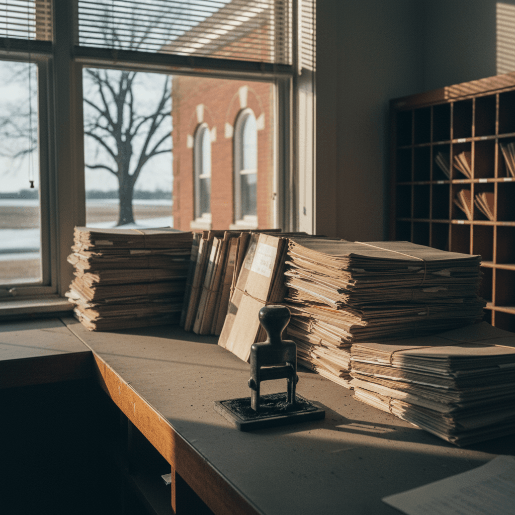 Ohio: a county clerk counter with stacked property files and a date stamp, morning light through blinds