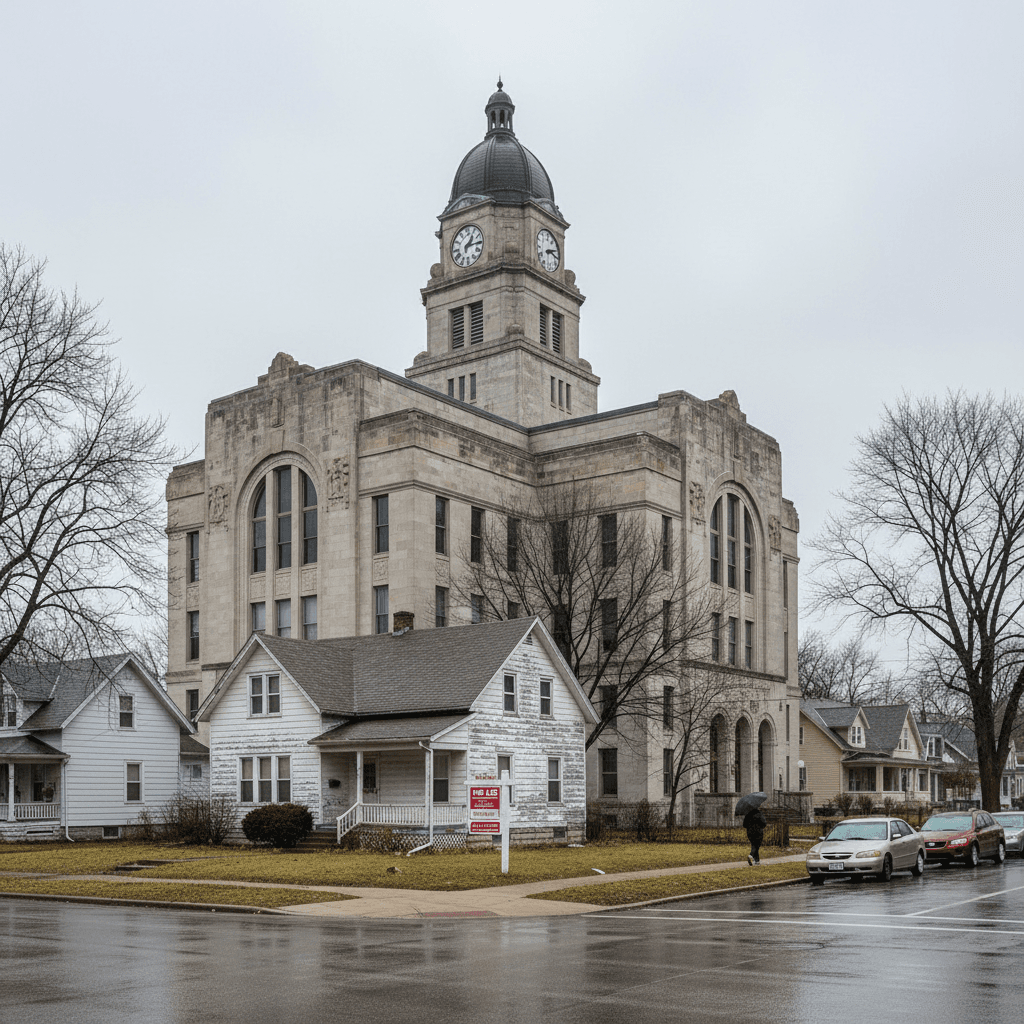 A county government building in a midwestern American city on an overcast morning, with a for-sale sign visible on a mod