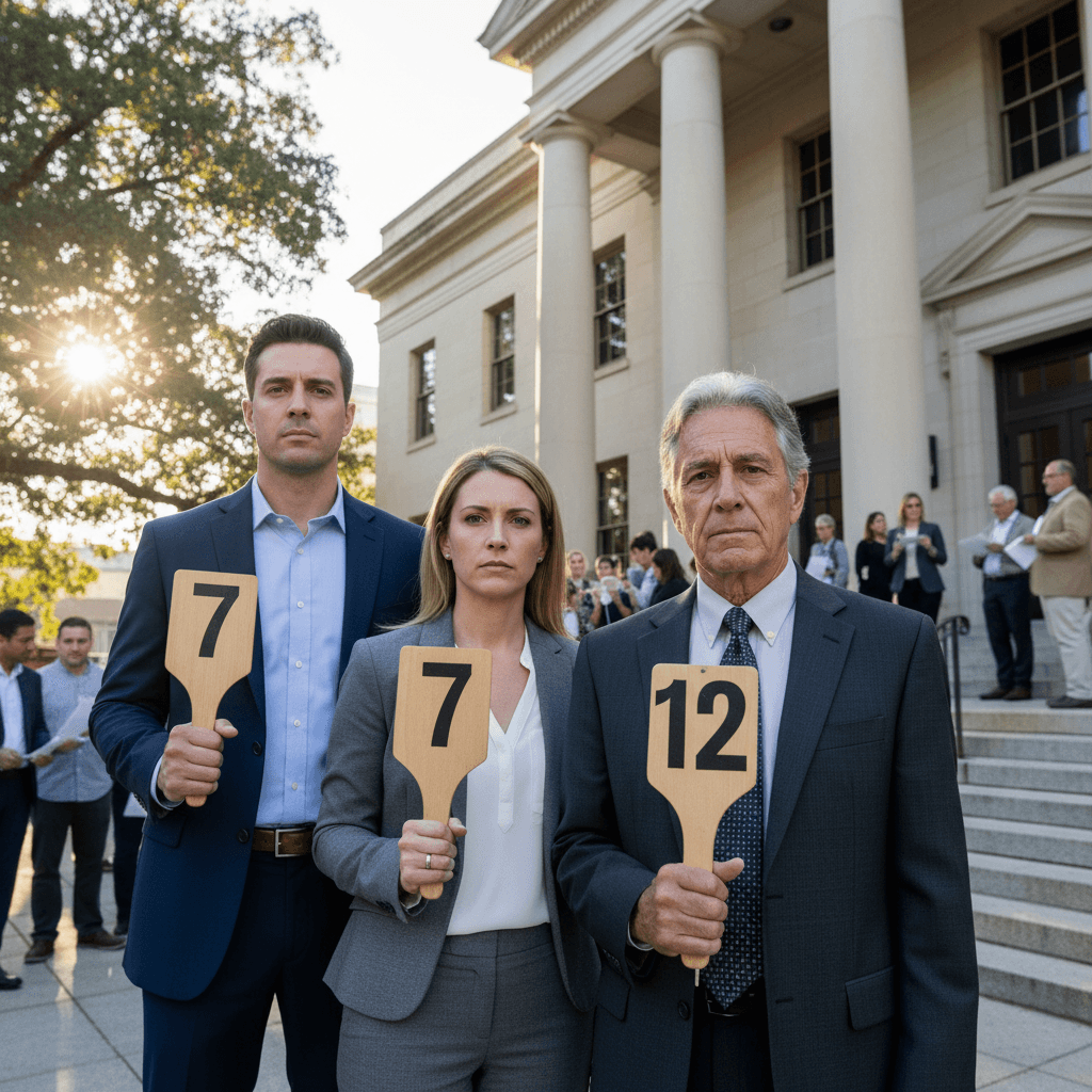 A serious-looking couple and a seasoned investor standing outside a county courthouse steps on a bright morning, both ho