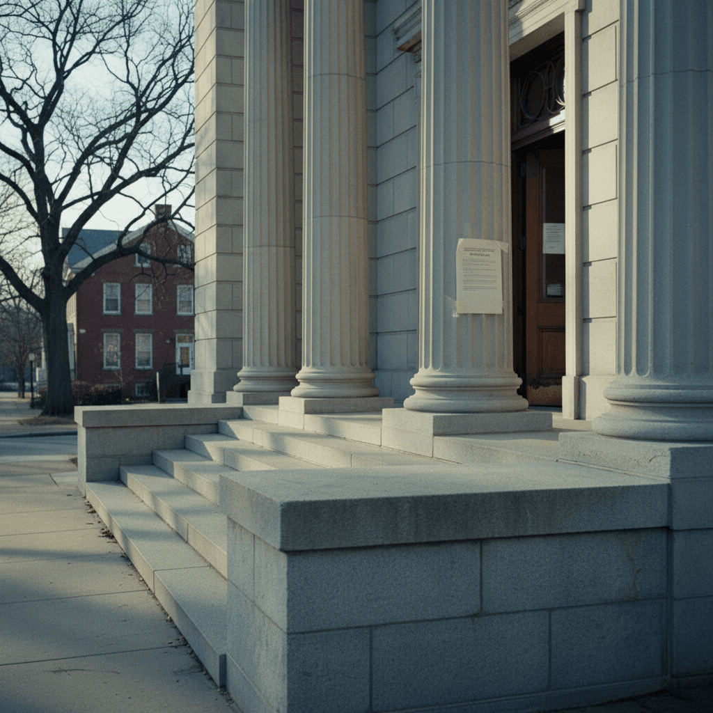 Pennsylvania: the limestone steps and columns of a county courthouse at late afternoon, a folded public notice taped near the door