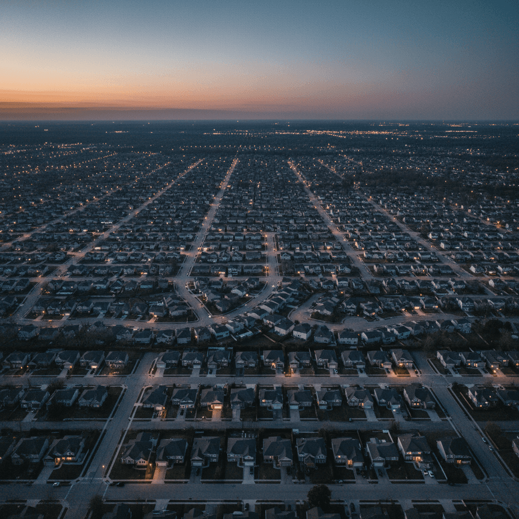 aerial view of an American suburban grid at dusk, streetlights beginning to turn on