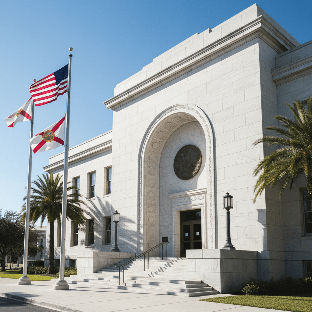 A Florida county courthouse exterior on a clear morning, wide shot, marble steps leading to an arched entrance, American