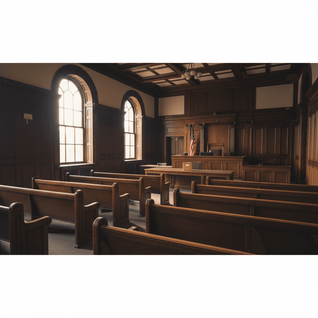 A solemn wood-paneled county courtroom in natural morning light, empty wooden benches in the foreground, a judge's bench