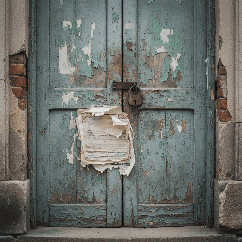 a weathered front door with layered notices and a padlock hasp, paint peeling