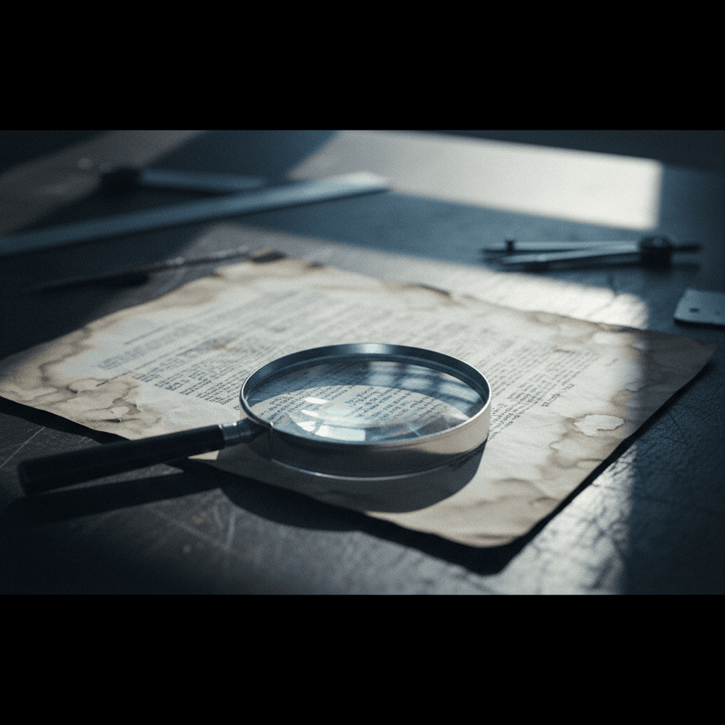 a title document under a magnifying glass on a dark desk, sharp raking light
