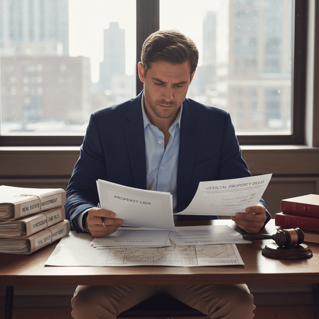 A professional investor in business casual attire reviews printed lien documents and a county property record at a wood
