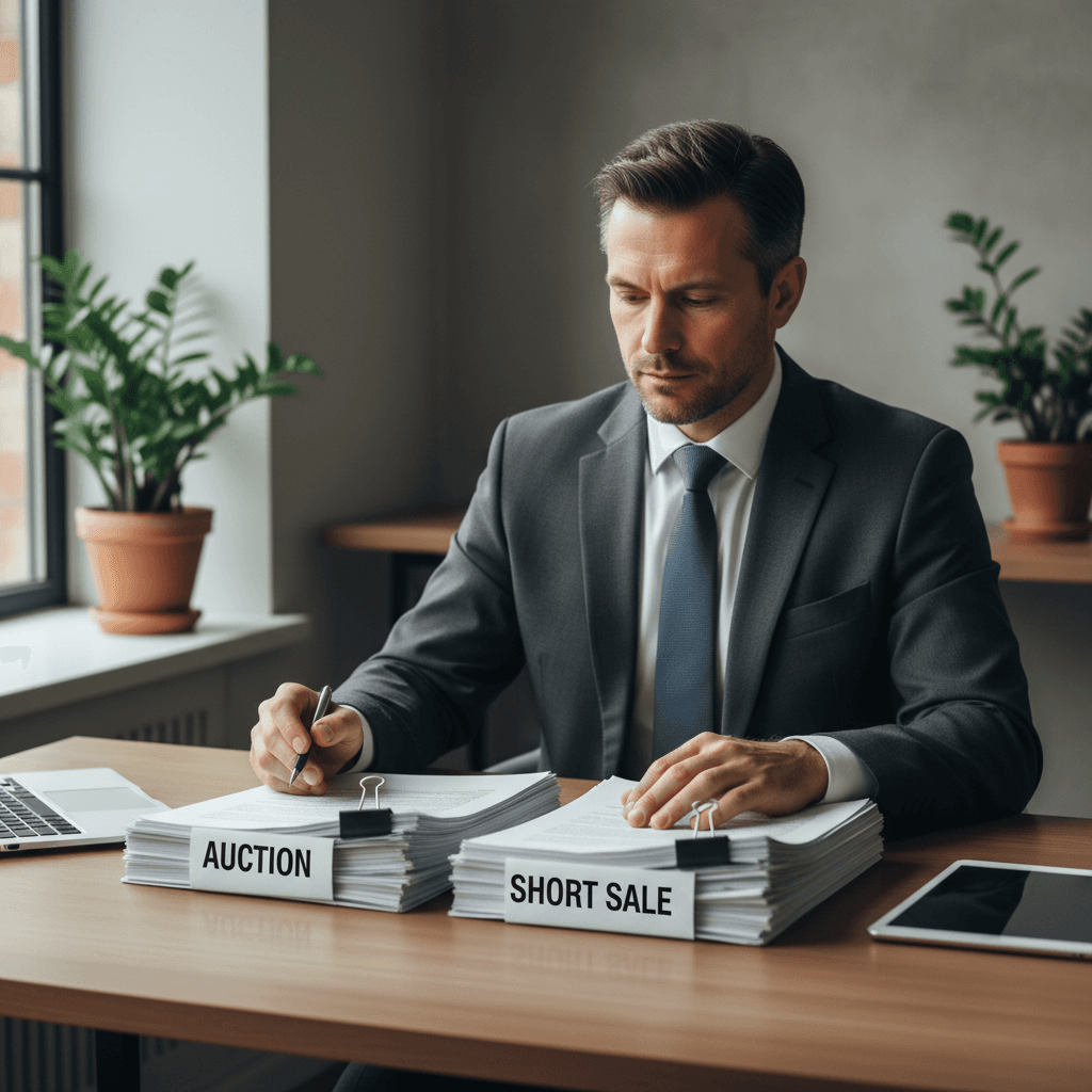 A professional investor sitting at a clean desk reviewing two sets of property documents side by side, one labeled aucti
