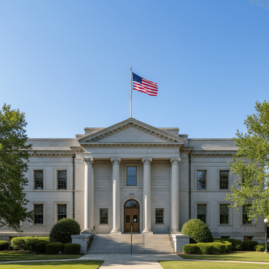 A county courthouse exterior on a clear morning, neutral stone facade, American flag visible, wide angle, photographic,