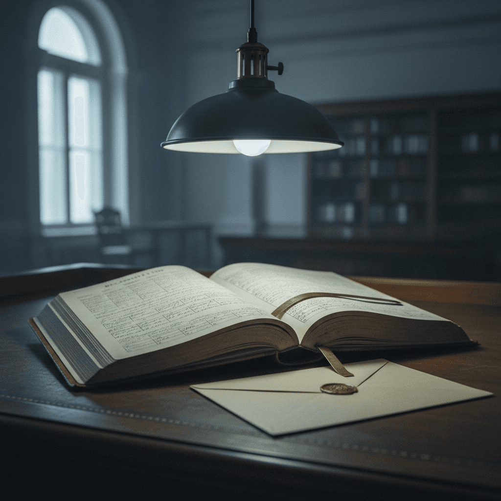 an unclaimed funds ledger open on a clerk's desk beside a sealed envelope, overhead light