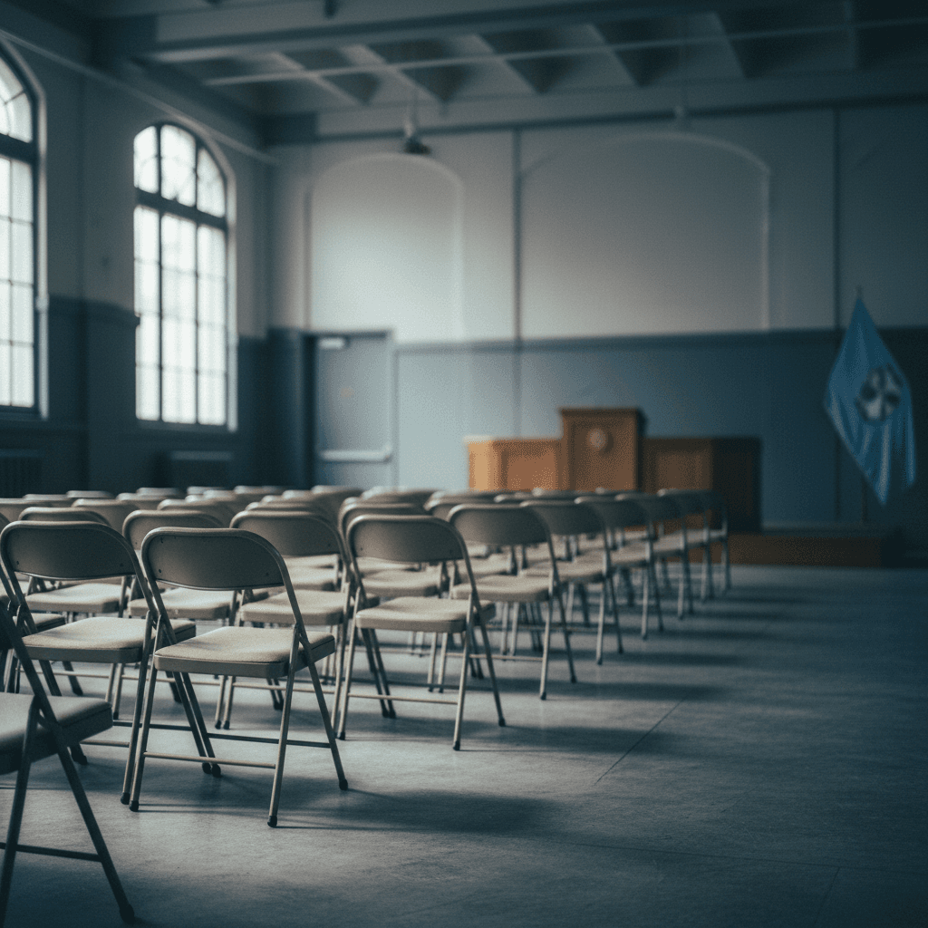 an auction room with rows of empty folding chairs facing a lectern, flag in the corner
