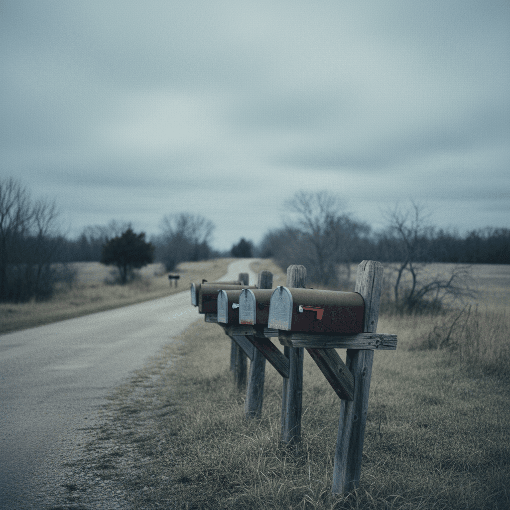 a mailbox row at the end of a rural county road, overcast sky
