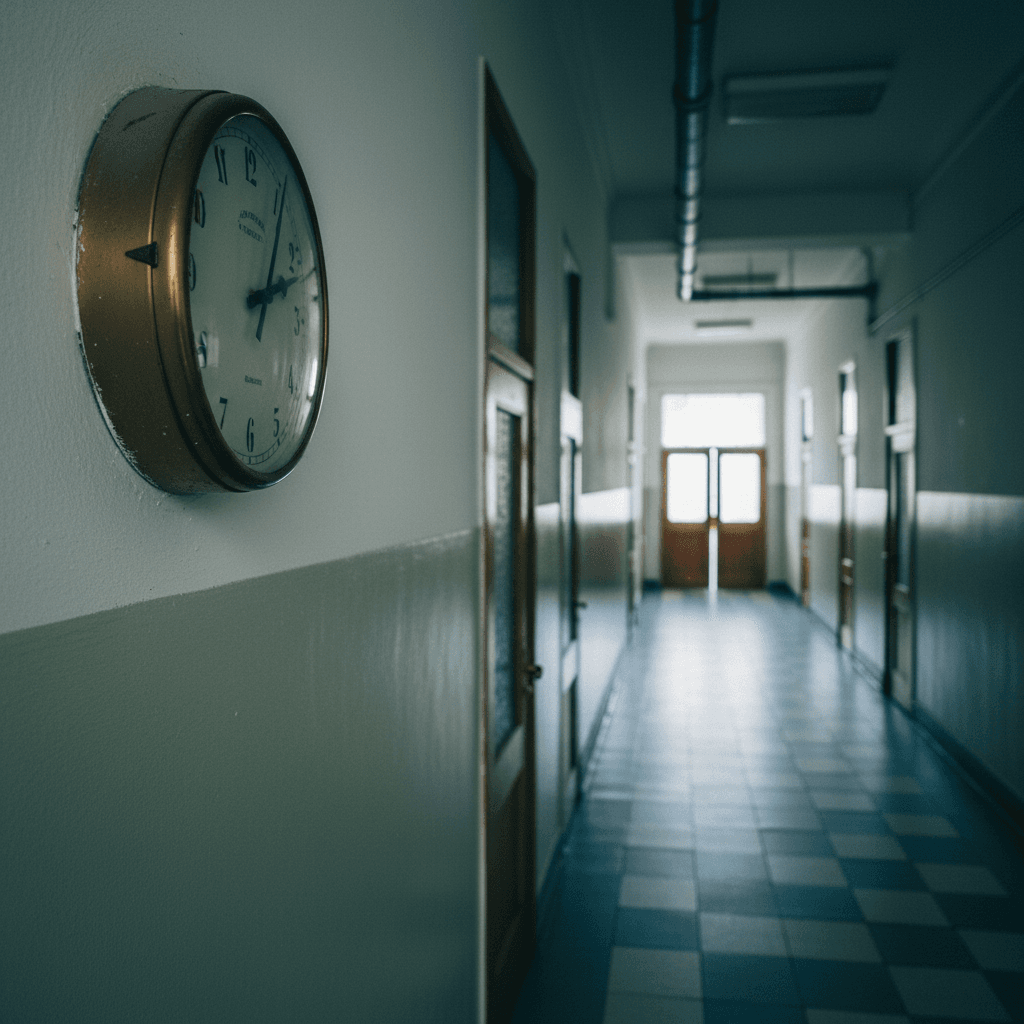 an old wall clock in an empty government corridor, tiled floor receding