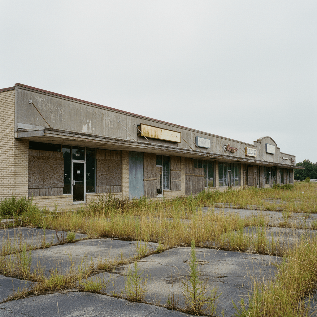 Exterior photograph of a vacant commercial strip mall with overgrown parking lot and boarded storefront windows, natural
