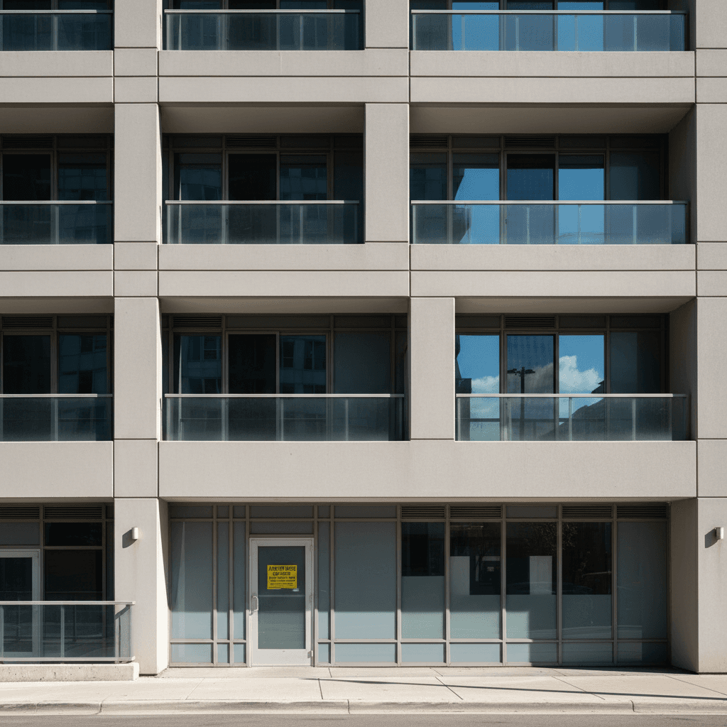 A professional photograph of an urban condominium building exterior shot from street level on a clear morning, architect