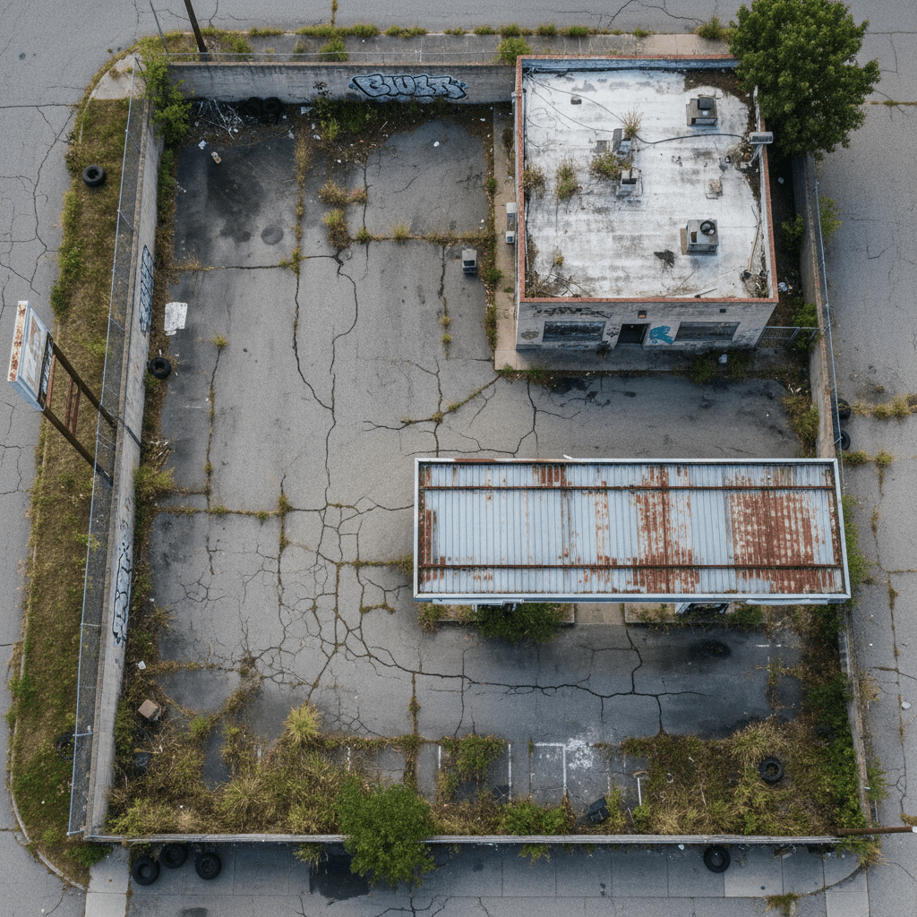 Aerial photograph of a vacant urban lot with cracked pavement and overgrown weeds, adjacent to a shuttered former gas st
