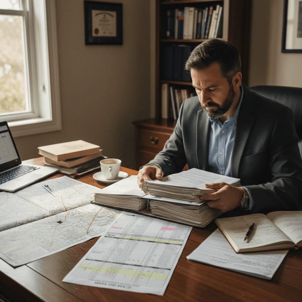 A focused real estate investor sitting at a desk reviewing property records and a printed auction list, with a county as