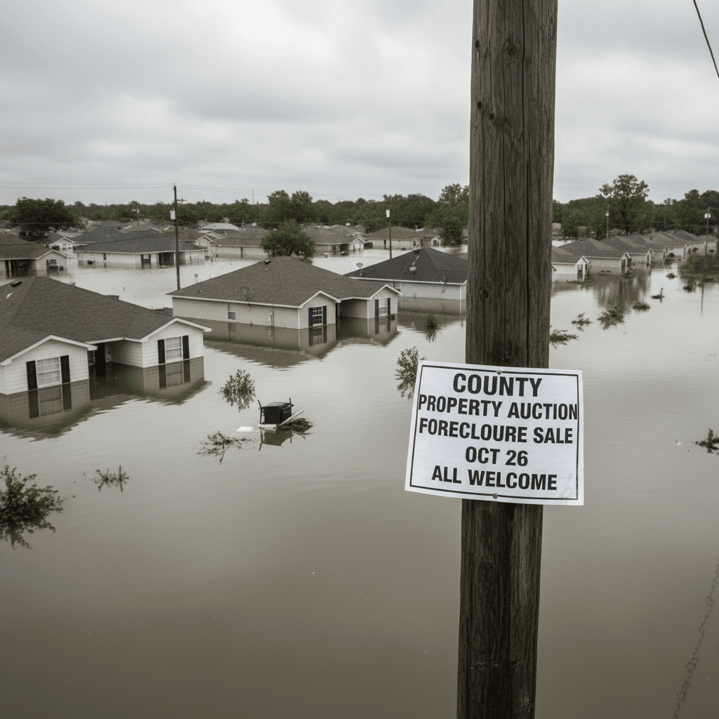Aerial photograph of a flooded residential neighborhood with partially submerged houses and water reflecting gray overca