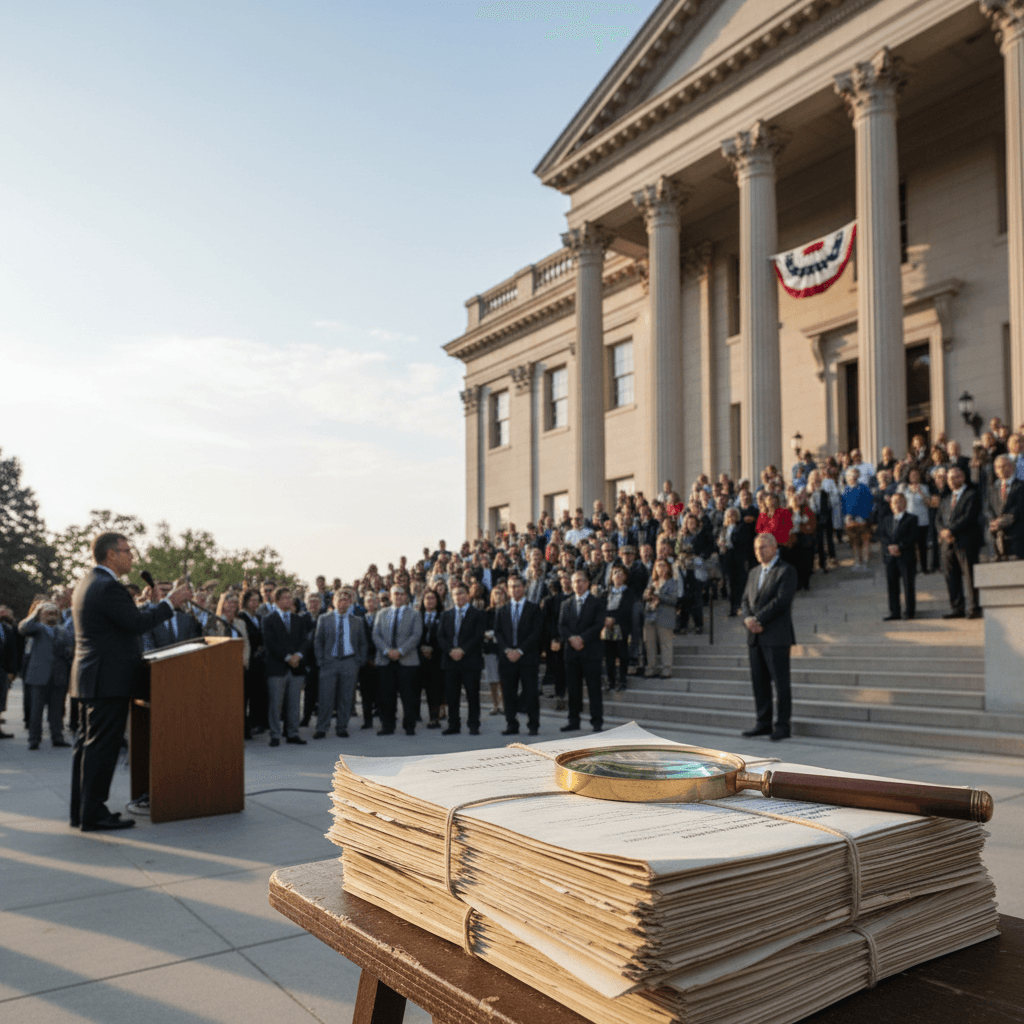 A county courthouse steps auction scene in soft morning light, with a stack of property deed documents and a magnifying
