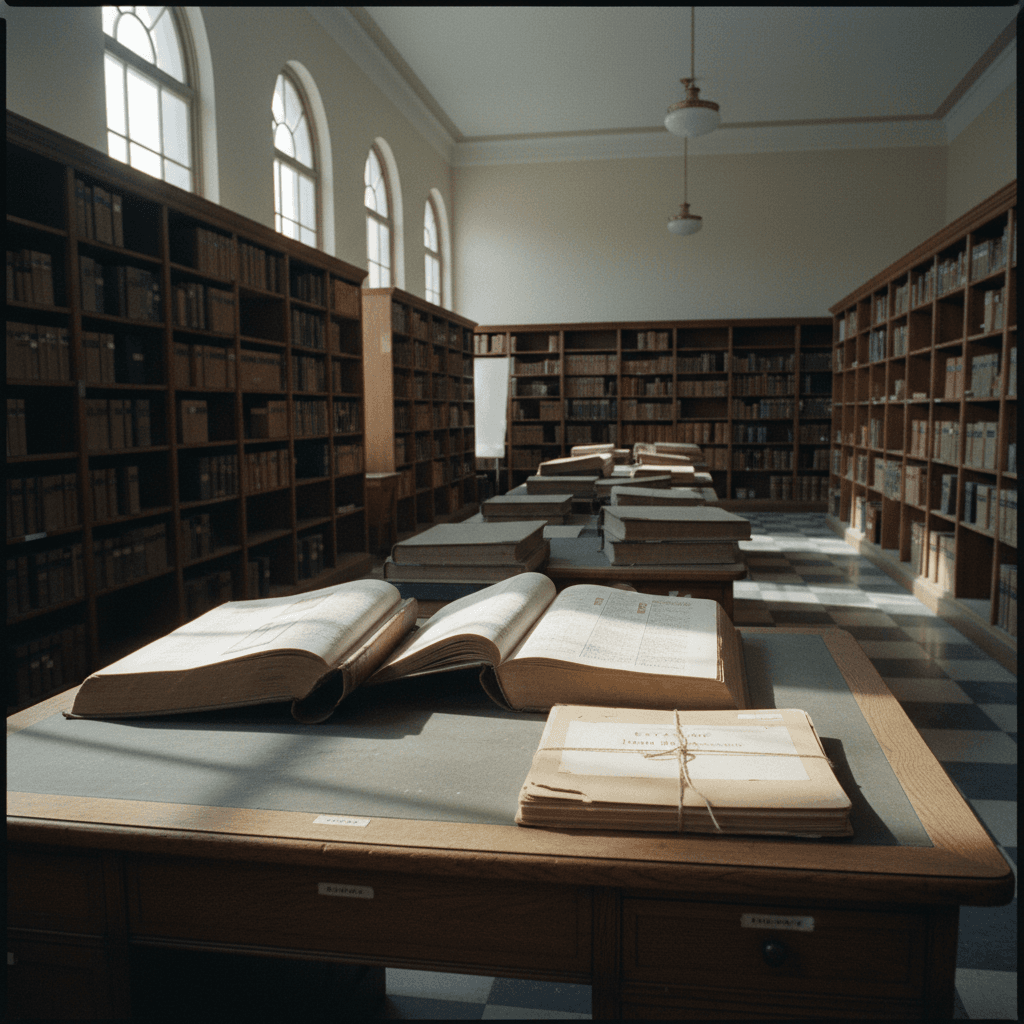 A county courthouse records room with open ledger books and a deed folder labeled with a deceased owner's name, natural