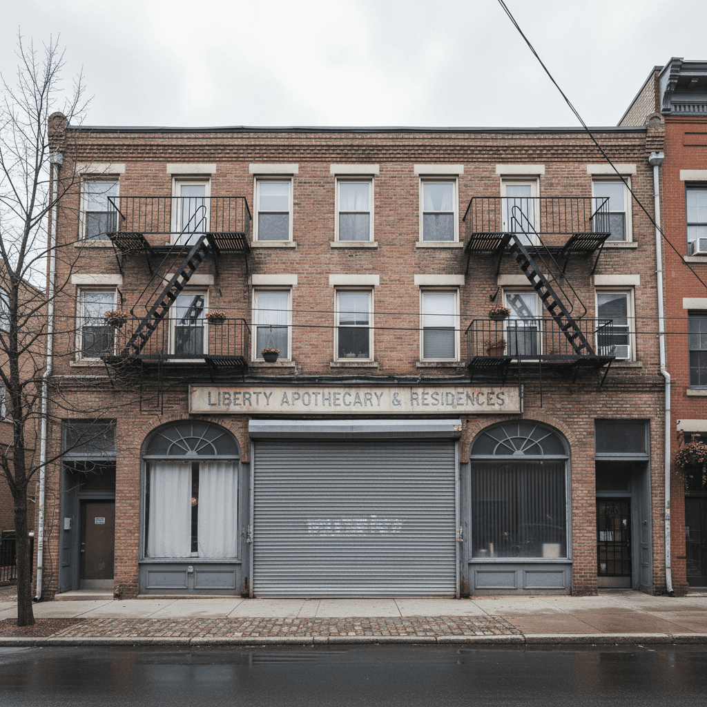 Wide-angle ground-level photograph of a classic American mixed-use urban building, three stories, brick facade, ground f