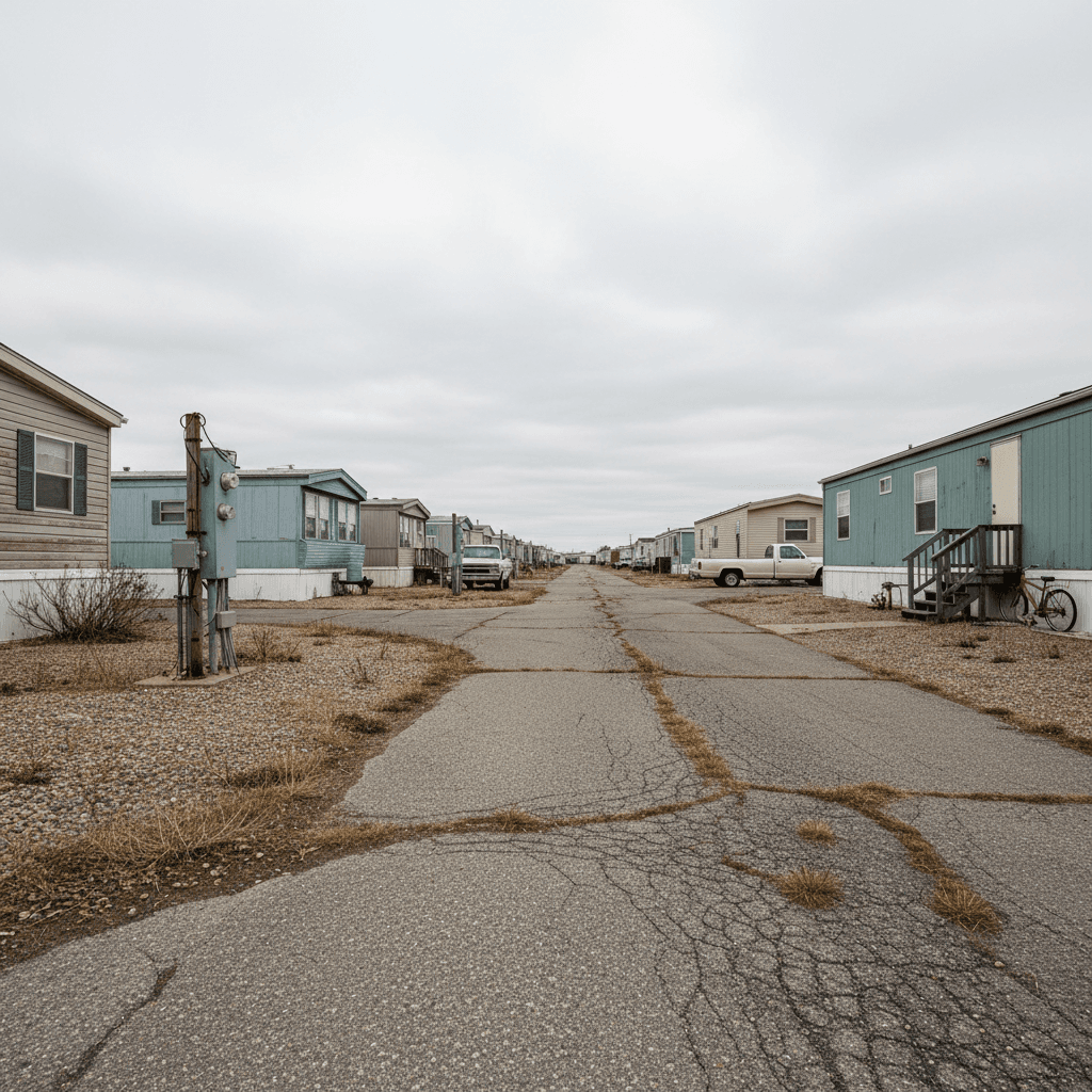 A weathered mobile home park photographed from ground level on an overcast day, showing rows of manufactured homes on gr