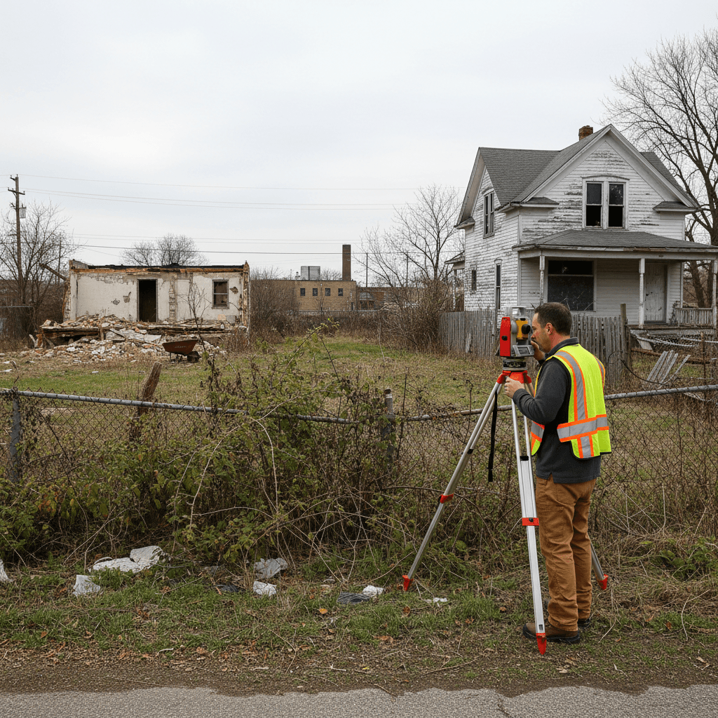 A licensed land surveyor standing in an overgrown vacant lot in a midwestern US city, looking down at a surveying instru