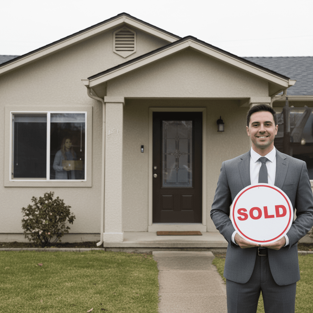 A real estate investor standing outside the front door of a modest single-family home with a sold placard in hand, anoth